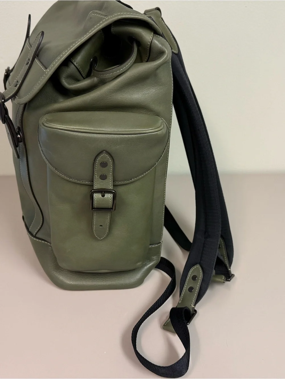 Coach Olive Green Leather Men's Backpack with Buckle Flap